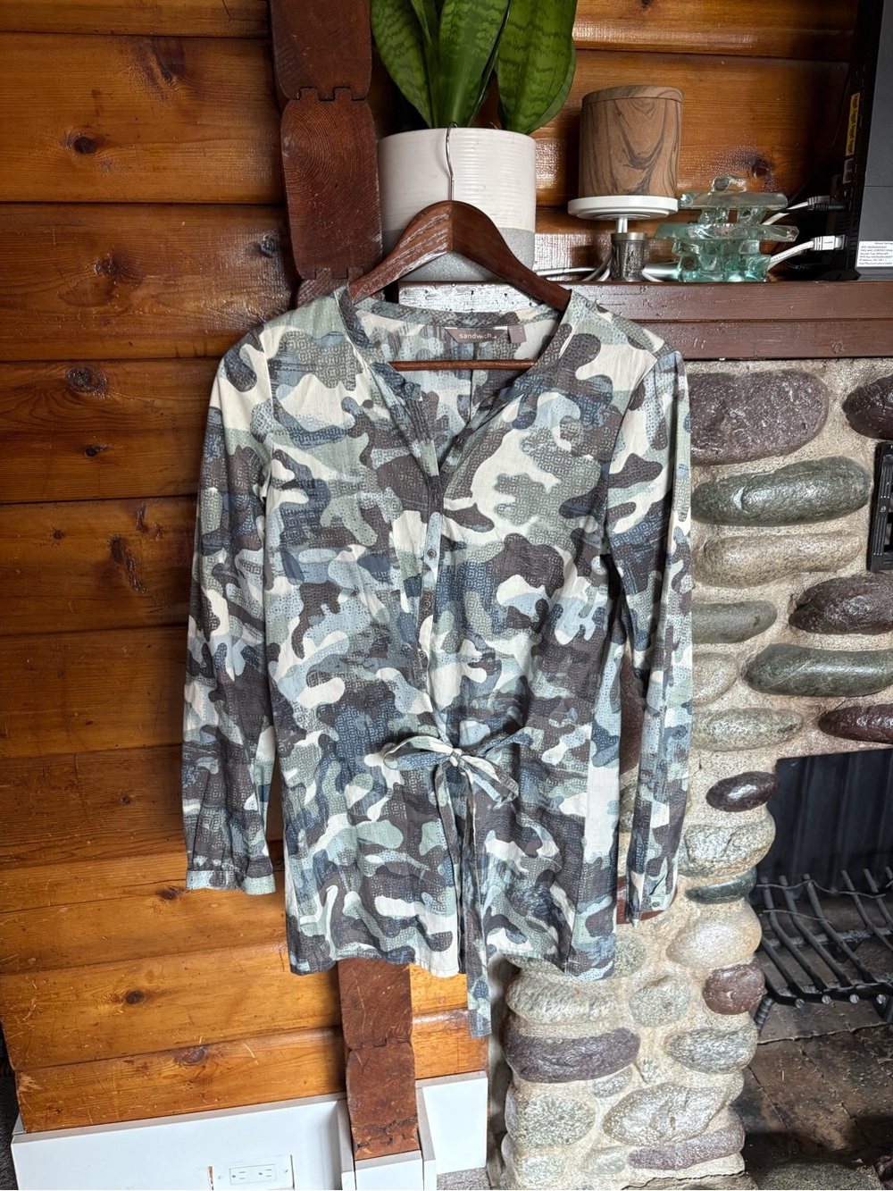 Camo Tie Waist Tunic Blouse 100% Cotton Size 36 / US Small